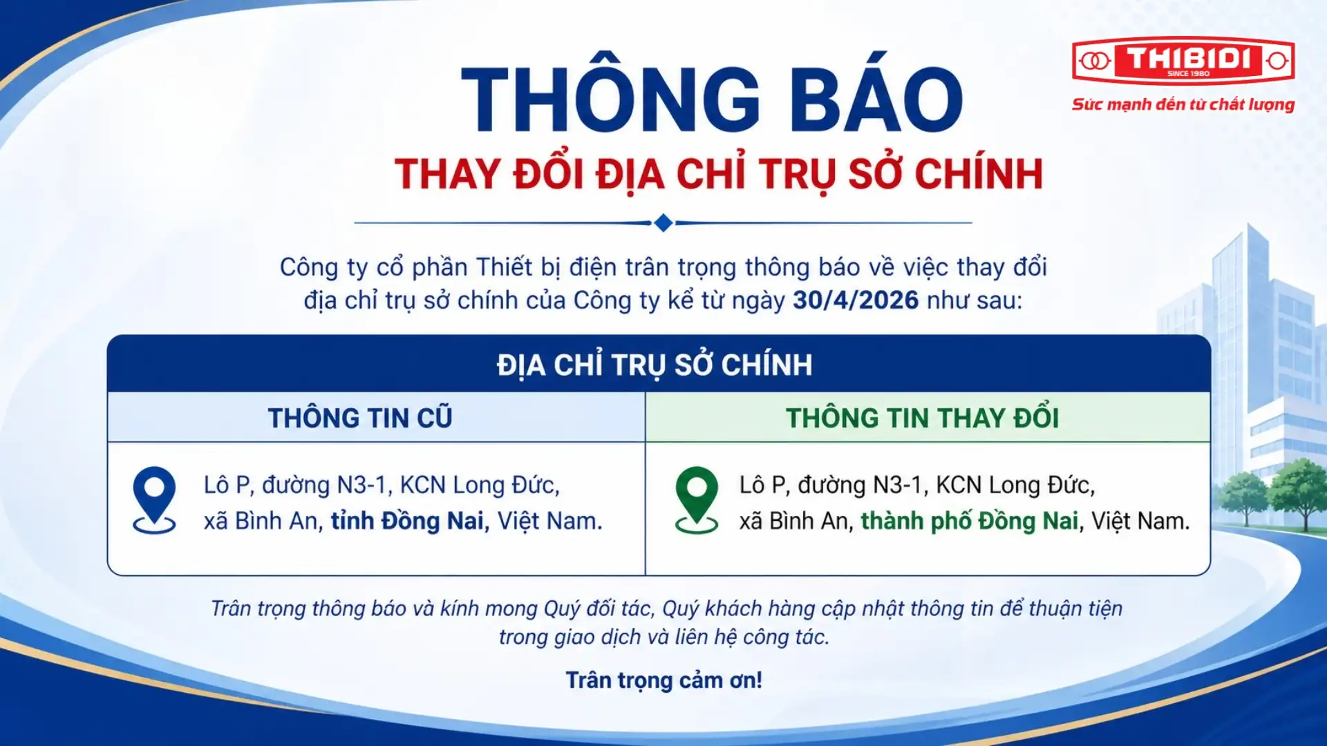 thay doi dia chi cong ty co phan thiet bi dien THIBIDI tu 30.04.2026